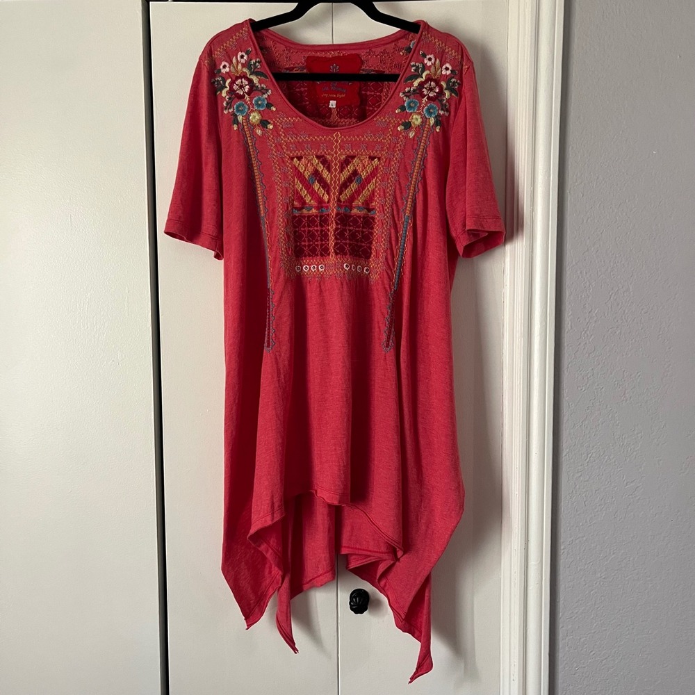 JW Los Angeles Joy Love Light Embroidered Tunic Top Coral Bohemian Large
